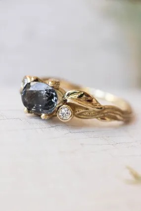 READY TO SHIP: Arius in 14K yellow gold, oval grey natural spinel 7x5 mm, moissanites, RING SIZE 7 US