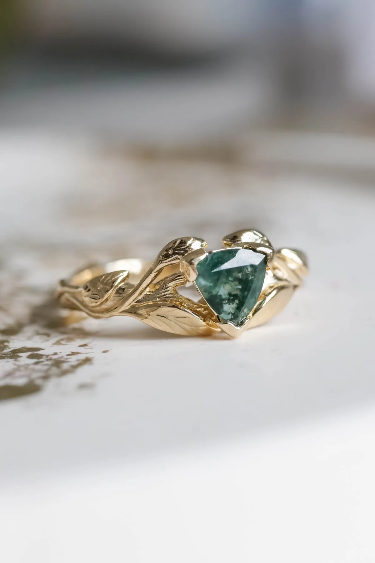 READY TO SHIP: Clematis in 14K yellow gold, trillion moss agate 6 mm, RING SIZE 7 US