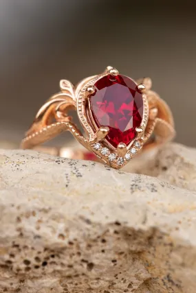 READY TO SHIP: Lida ring in 14K rose gold, lab ruby pear cut 10x7mm, accent moissanites, AVAILABLE RING SIZES: 6-8US