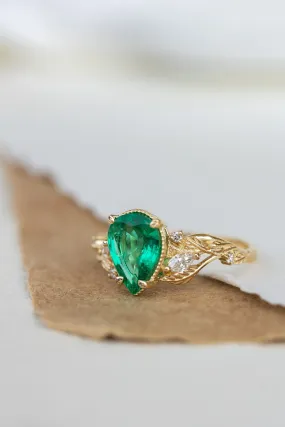 READY TO SHIP: Patricia ring in 14K yellow gold, natural emerald pear cut 10x7 mm, accent natural diamonds, AVAILABLE RING SIZES: 6-8US