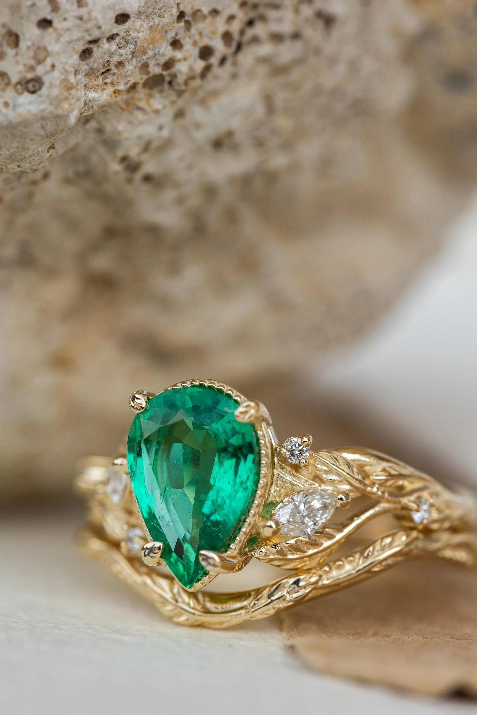 READY TO SHIP: Patricia ring in 14K yellow gold, natural emerald pear cut 10x7 mm, accent natural diamonds, AVAILABLE RING SIZES: 6-8US