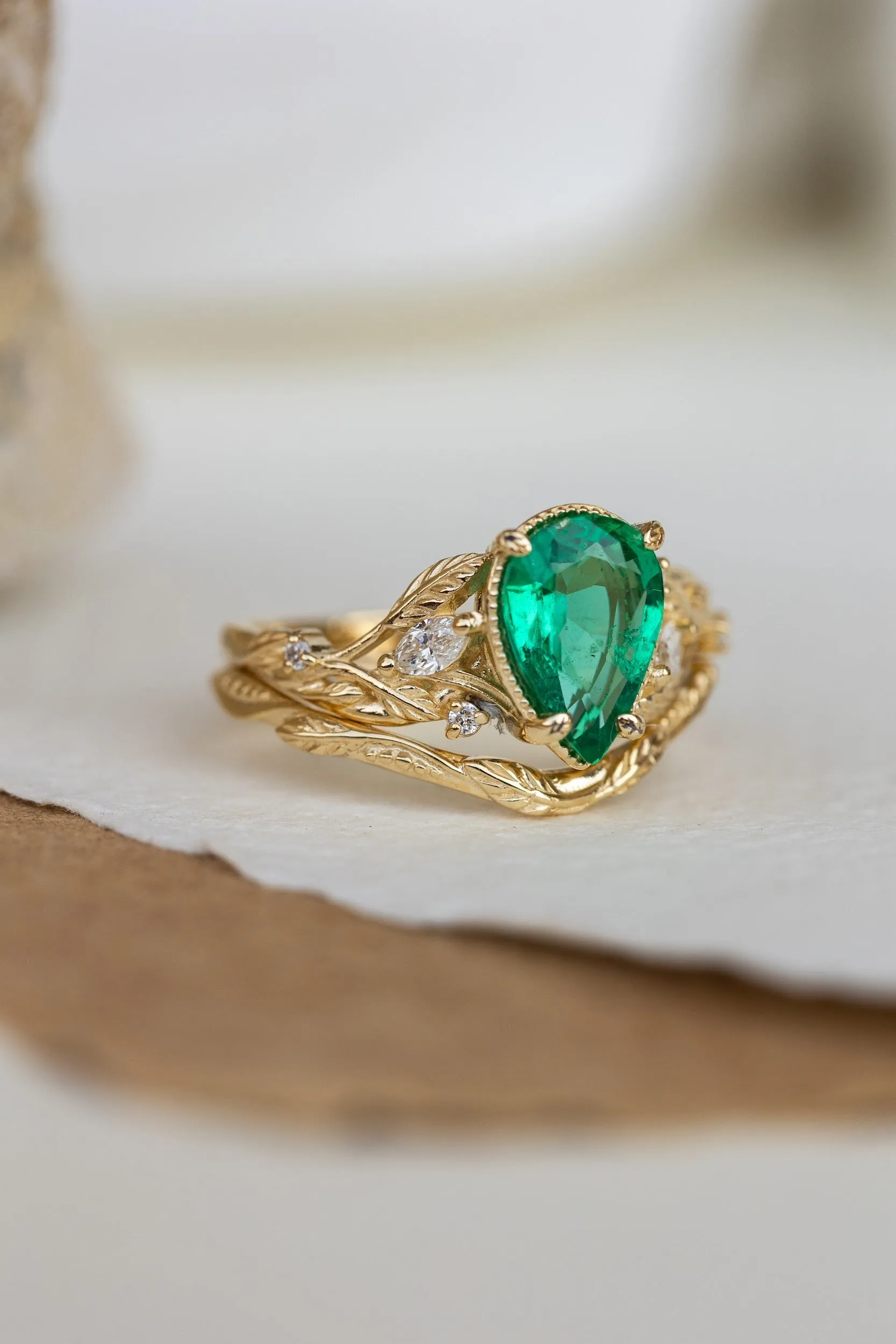 READY TO SHIP: Patricia ring in 14K yellow gold, natural emerald pear cut 10x7 mm, accent natural diamonds, AVAILABLE RING SIZES: 6-8US