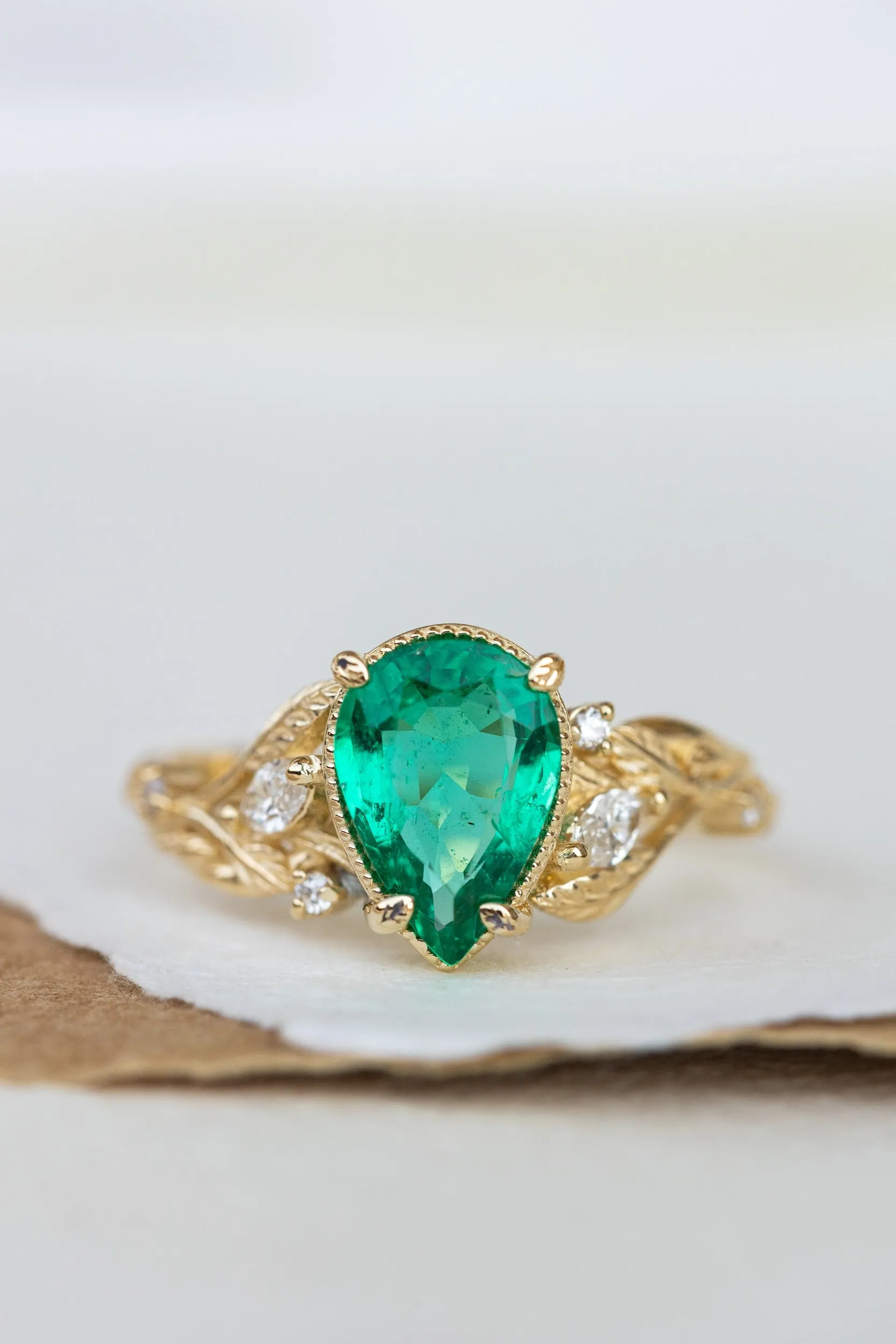 READY TO SHIP: Patricia ring in 14K yellow gold, natural emerald pear cut 10x7 mm, accent natural diamonds, AVAILABLE RING SIZES: 6-8US