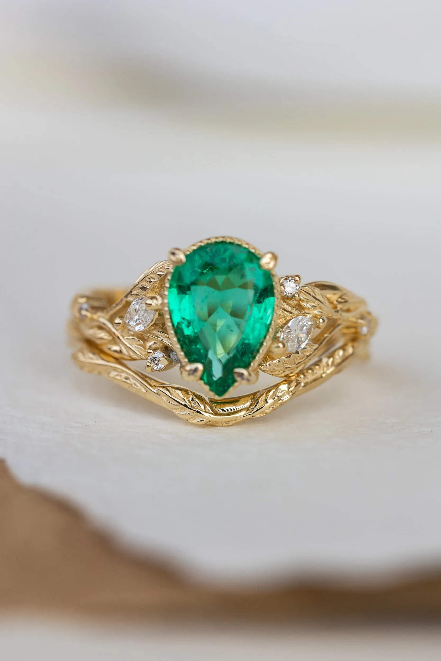 READY TO SHIP: Patricia ring in 14K yellow gold, natural emerald pear cut 10x7 mm, accent natural diamonds, AVAILABLE RING SIZES: 6-8US