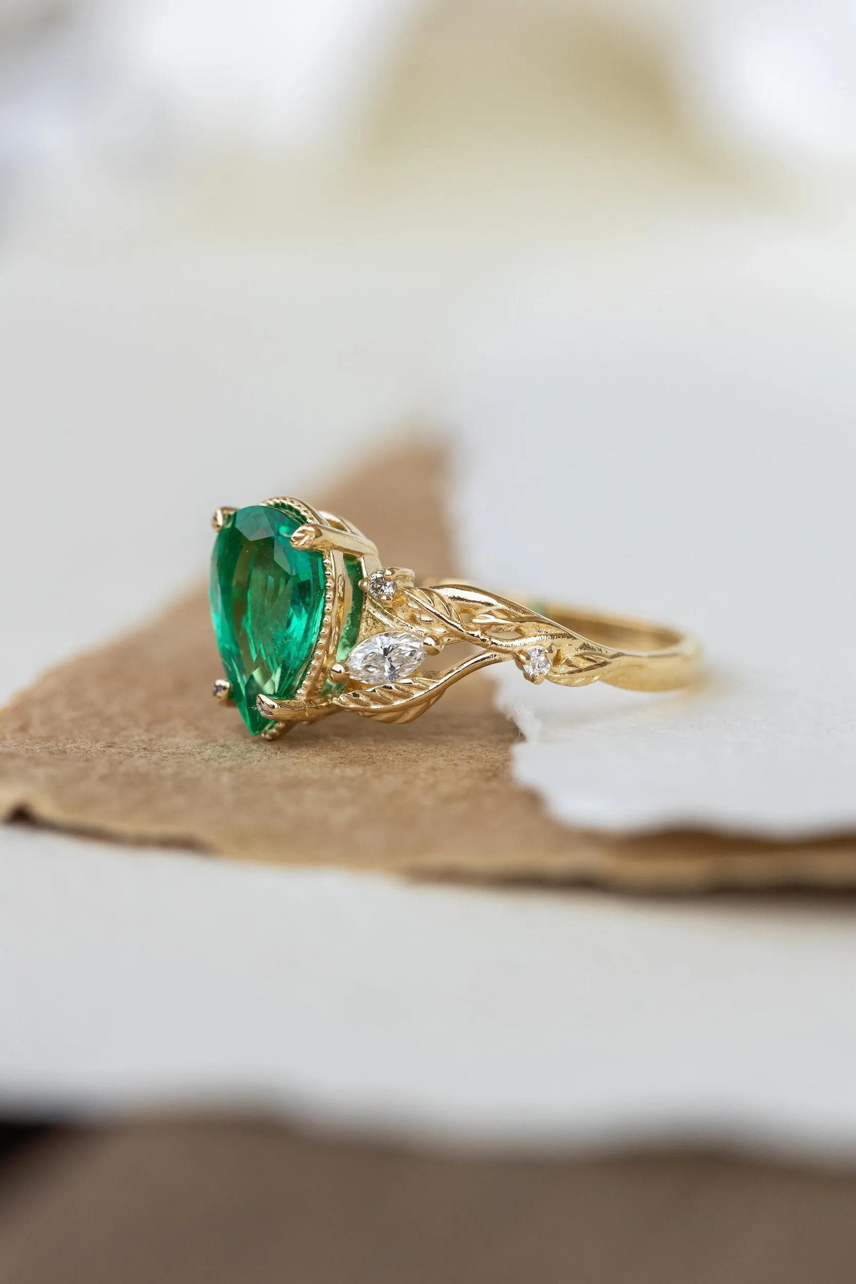 READY TO SHIP: Patricia ring in 14K yellow gold, natural emerald pear cut 10x7 mm, accent natural diamonds, AVAILABLE RING SIZES: 6-8US