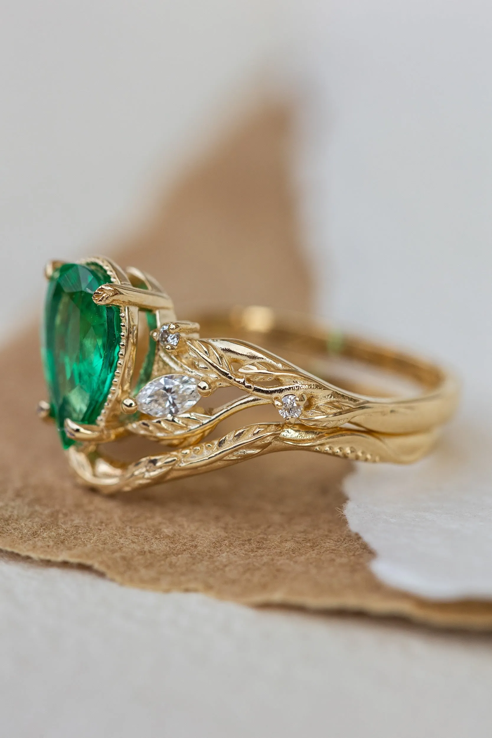 READY TO SHIP: Patricia ring in 14K yellow gold, natural emerald pear cut 10x7 mm, accent natural diamonds, AVAILABLE RING SIZES: 6-8US