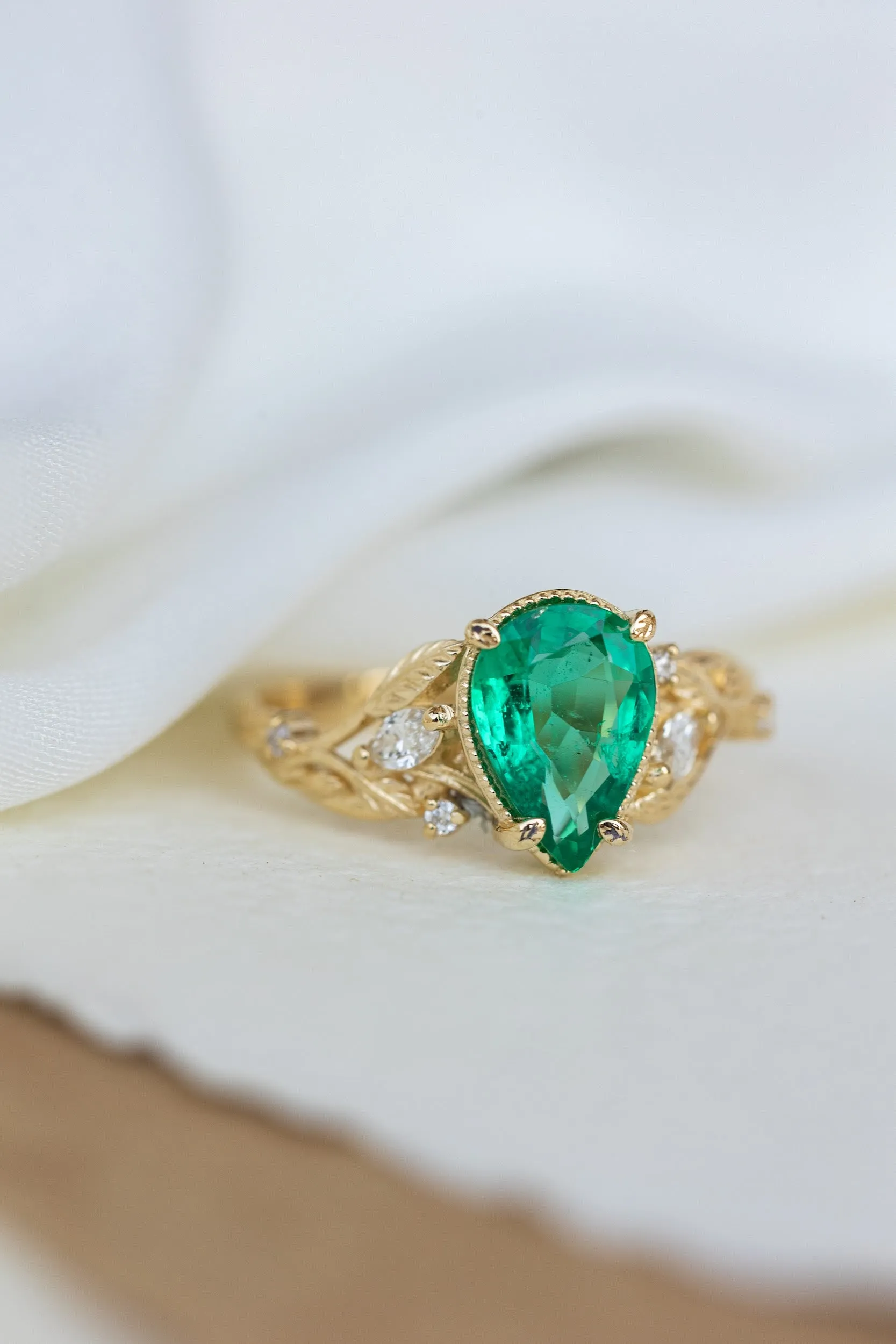 READY TO SHIP: Patricia ring in 14K yellow gold, natural emerald pear cut 10x7 mm, accent natural diamonds, AVAILABLE RING SIZES: 6-8US