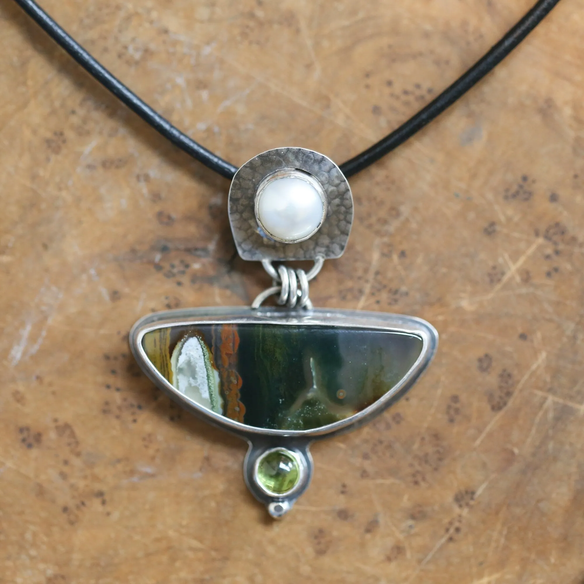 Ready to Ship - Scenic Plume Agate Pendant- Pearl Pendant - Sterling Silver - Peridot Pendant