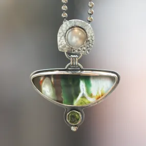 Ready to Ship - Scenic Plume Agate Pendant- Pearl Pendant - Sterling Silver - Peridot Pendant