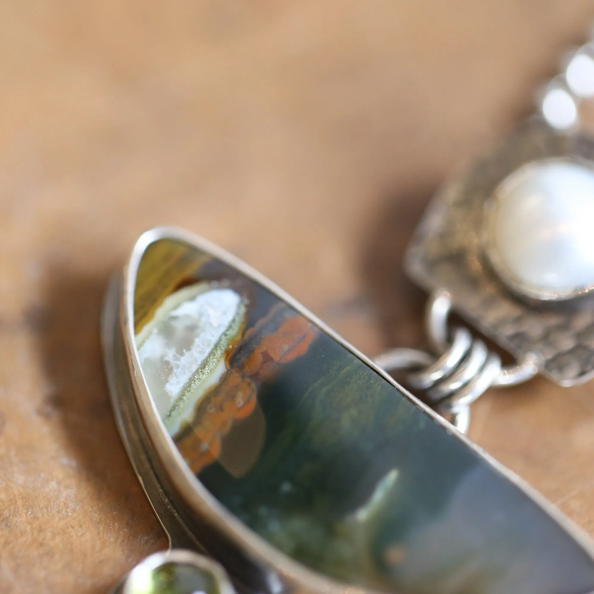 Ready to Ship - Scenic Plume Agate Pendant- Pearl Pendant - Sterling Silver - Peridot Pendant