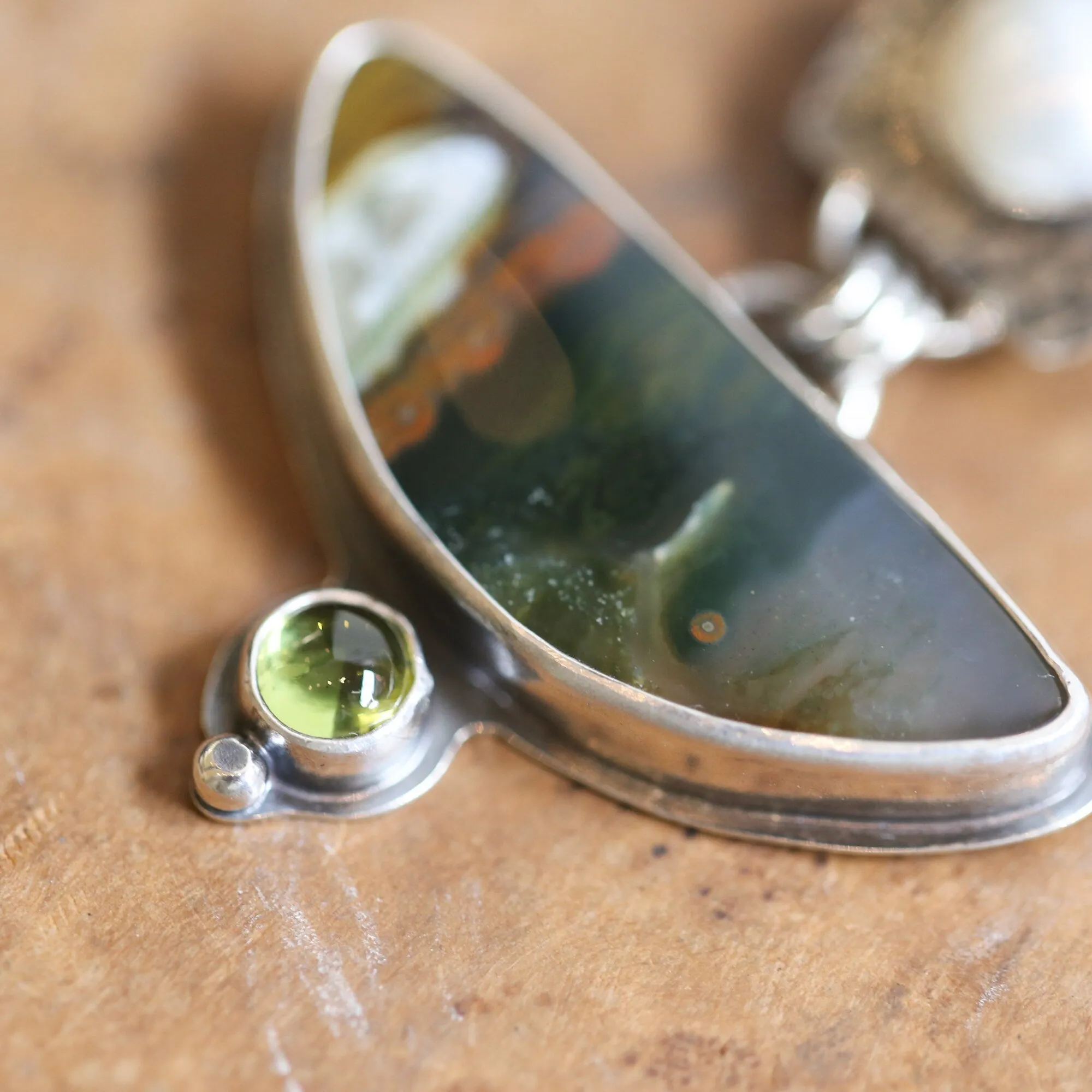 Ready to Ship - Scenic Plume Agate Pendant- Pearl Pendant - Sterling Silver - Peridot Pendant