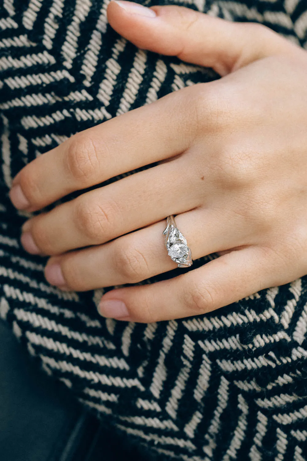 READY TO SHIP: Wisteria ring in 14K white gold, pear cut moissanite 7x5 mm, moissanites, RING SIZE - 6 US