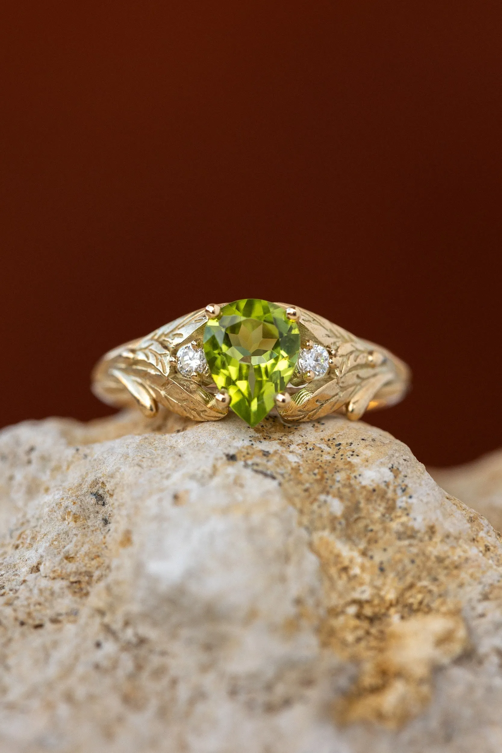 READY TO SHIP: Wisteria ring in 14K yellow gold, natural peridot pear cut 8x6 mm, accent moissanites, AVAILABLE RING SIZES: 6.5-8.5US