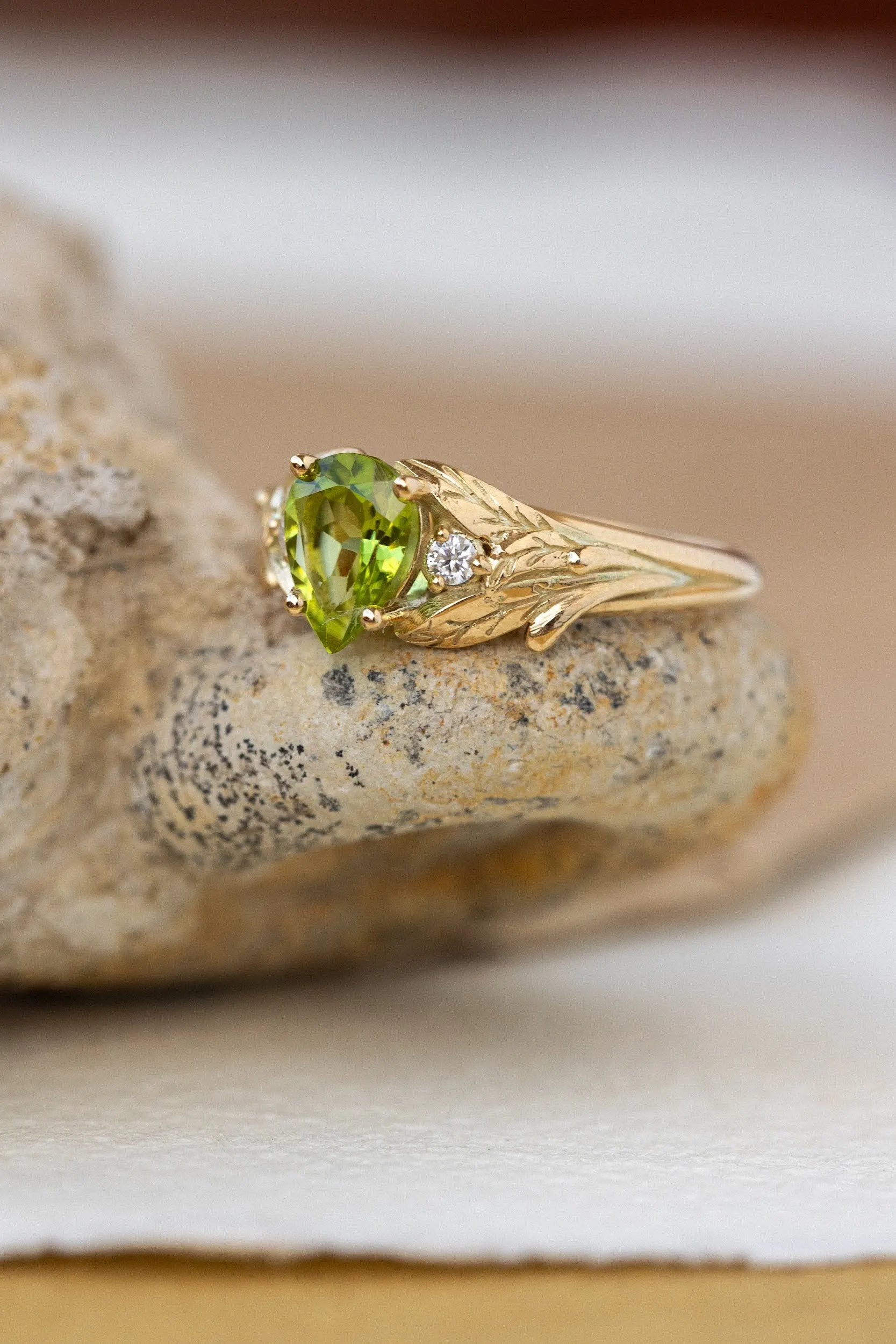 READY TO SHIP: Wisteria ring in 14K yellow gold, natural peridot pear cut 8x6 mm, accent moissanites, AVAILABLE RING SIZES: 6.5-8.5US