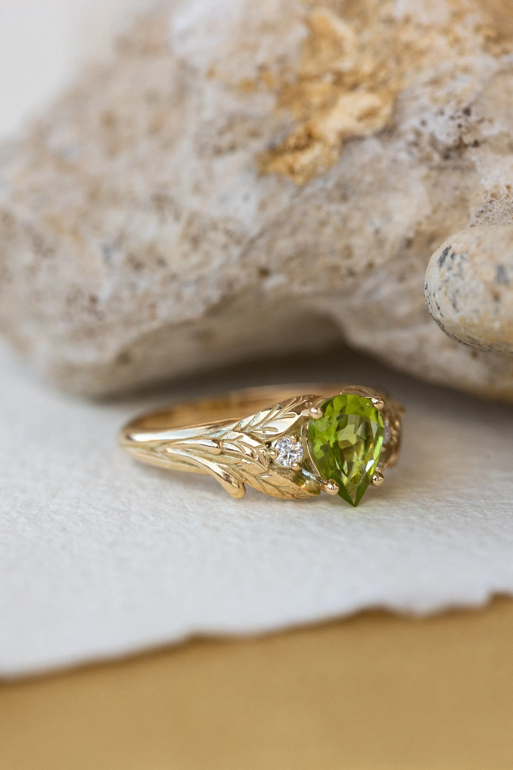 READY TO SHIP: Wisteria ring in 14K yellow gold, natural peridot pear cut 8x6 mm, accent moissanites, AVAILABLE RING SIZES: 6.5-8.5US