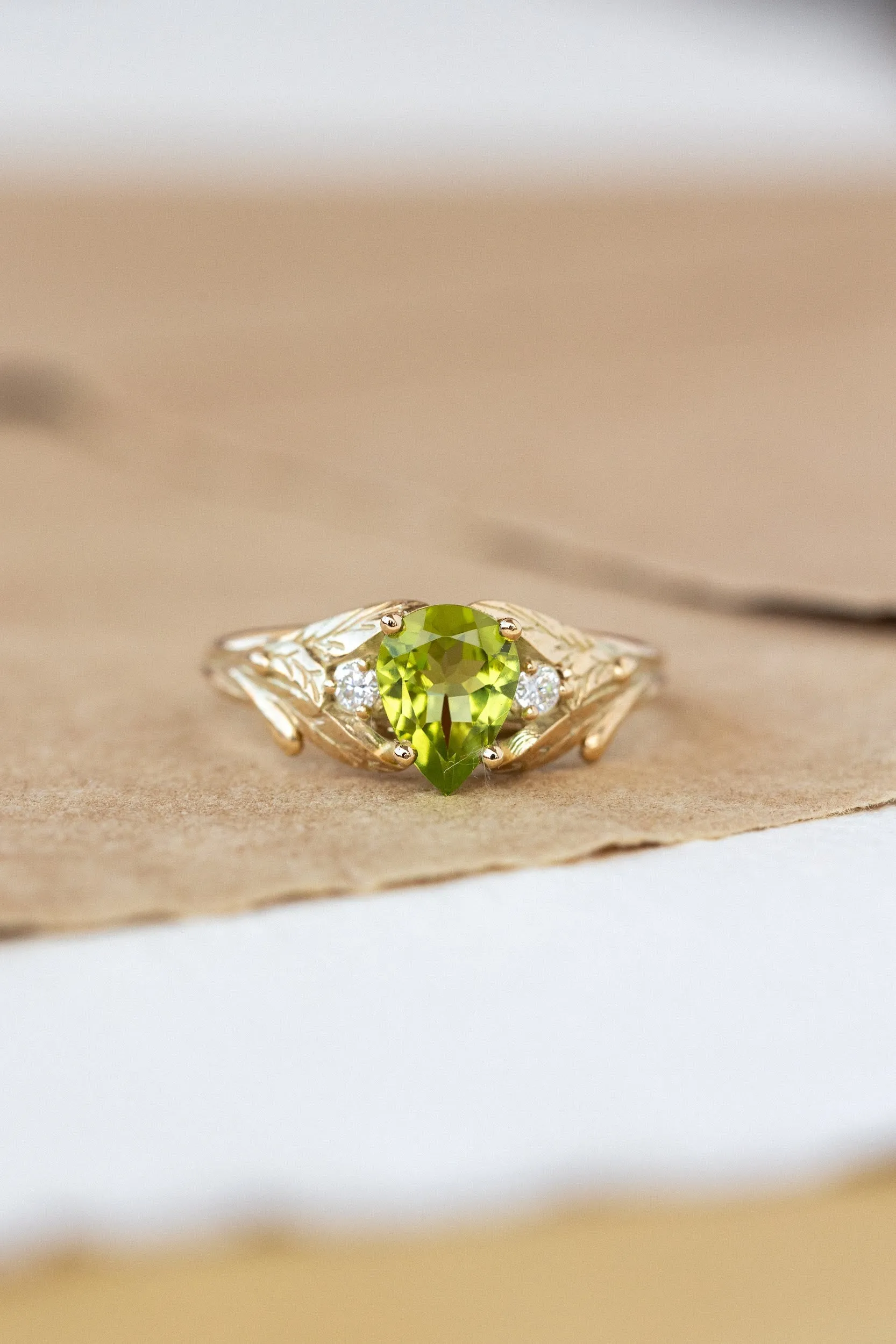 READY TO SHIP: Wisteria ring in 14K yellow gold, natural peridot pear cut 8x6 mm, accent moissanites, AVAILABLE RING SIZES: 6.5-8.5US