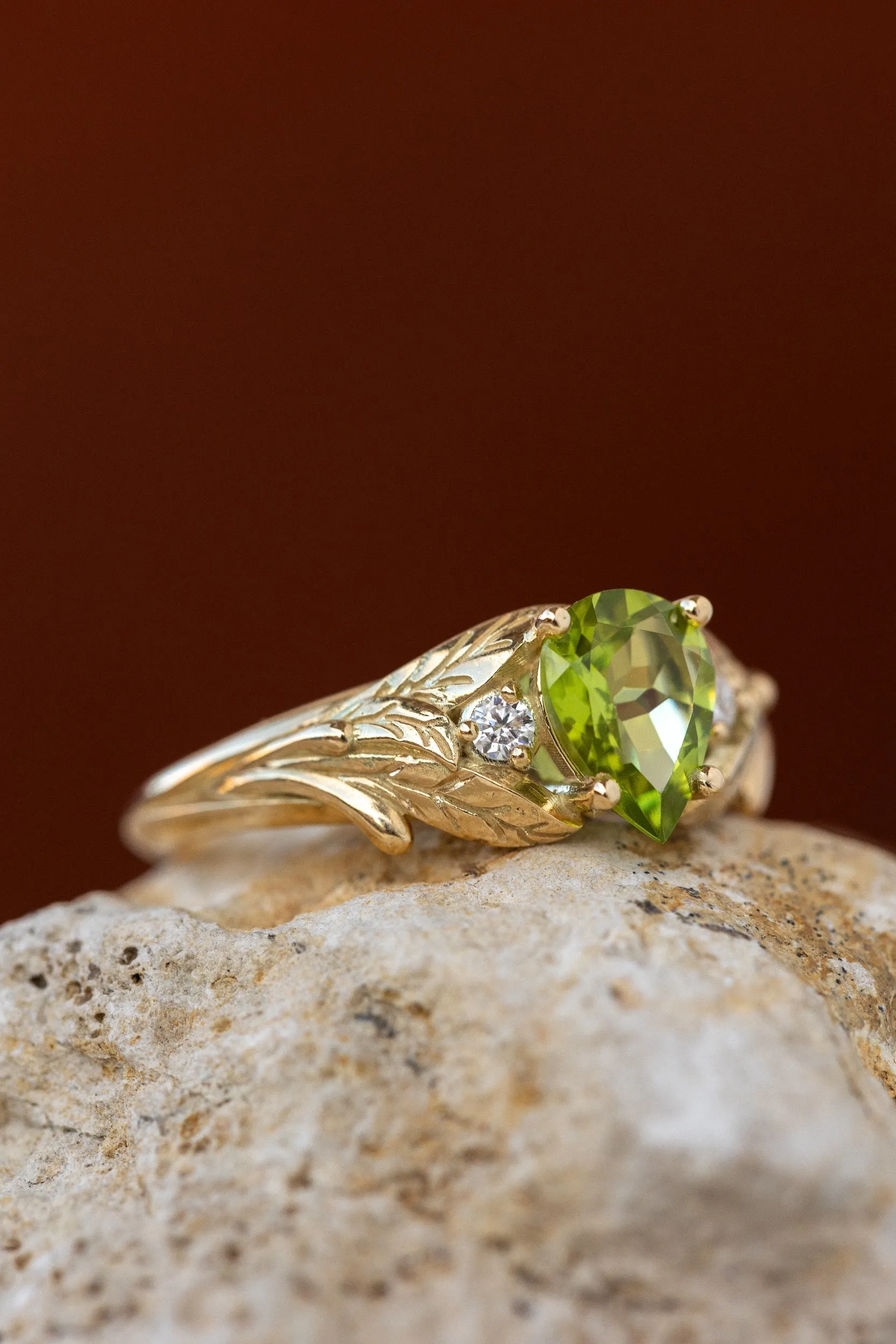 READY TO SHIP: Wisteria ring in 14K yellow gold, natural peridot pear cut 8x6 mm, accent moissanites, AVAILABLE RING SIZES: 6.5-8.5US