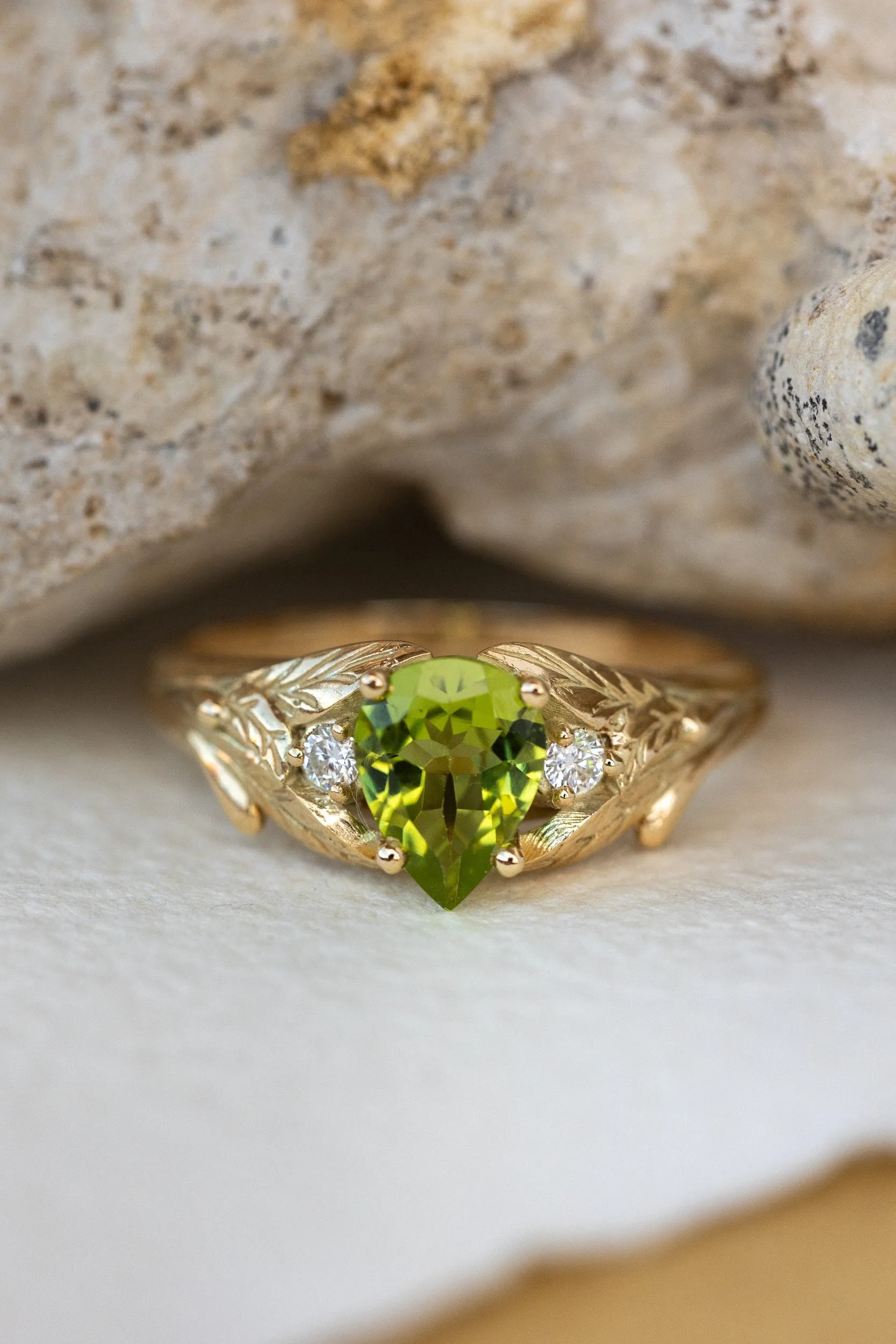 READY TO SHIP: Wisteria ring in 14K yellow gold, natural peridot pear cut 8x6 mm, accent moissanites, AVAILABLE RING SIZES: 6.5-8.5US