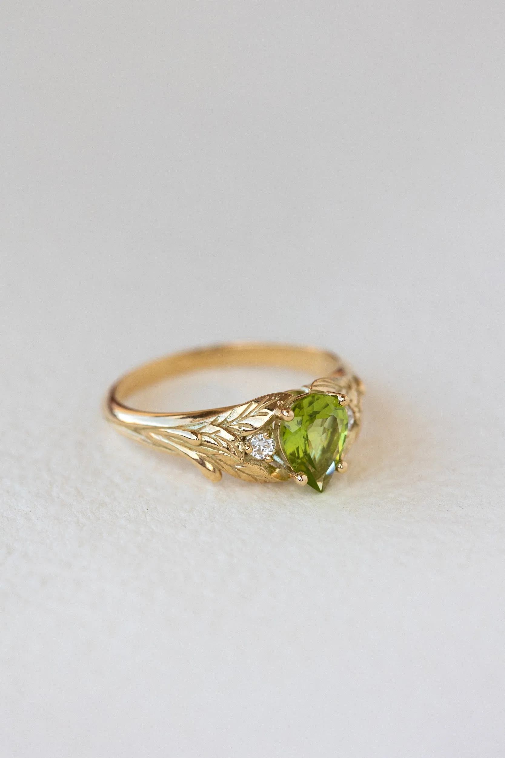 READY TO SHIP: Wisteria ring in 14K yellow gold, natural peridot pear cut 8x6 mm, accent moissanites, AVAILABLE RING SIZES: 6.5-8.5US