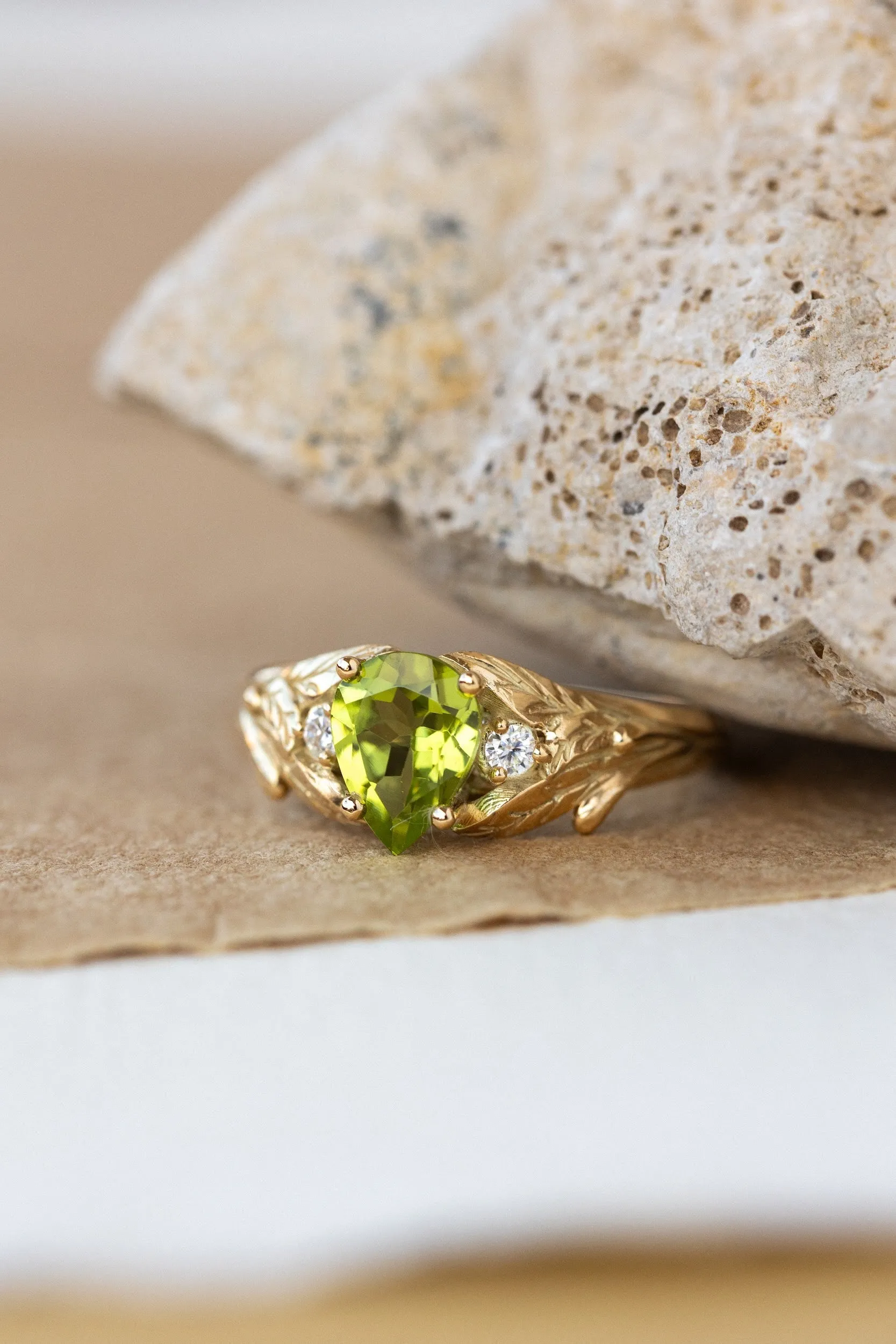 READY TO SHIP: Wisteria ring in 14K yellow gold, natural peridot pear cut 8x6 mm, accent moissanites, AVAILABLE RING SIZES: 6.5-8.5US