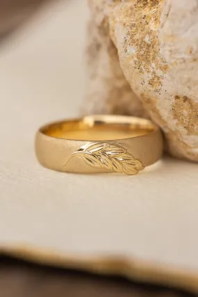 READY TO SHIP:Palm leaf wedding band in 14K yellow gold, sandblast finish, comfort fit 6 mm, RING SIZE 9-11US