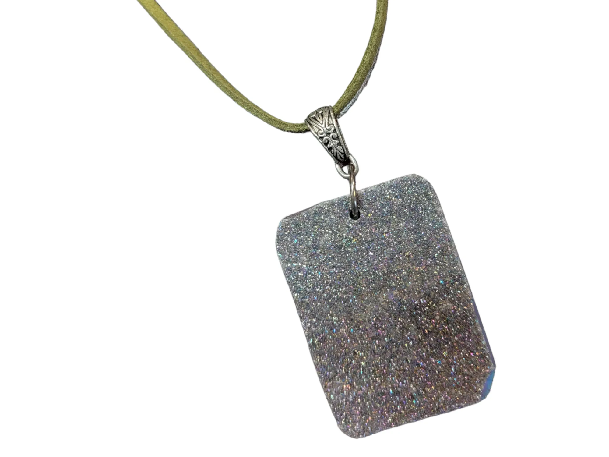 Rectangle Purple Agate Druzy Electroplated Pendant Long Necklace on Olive Suede