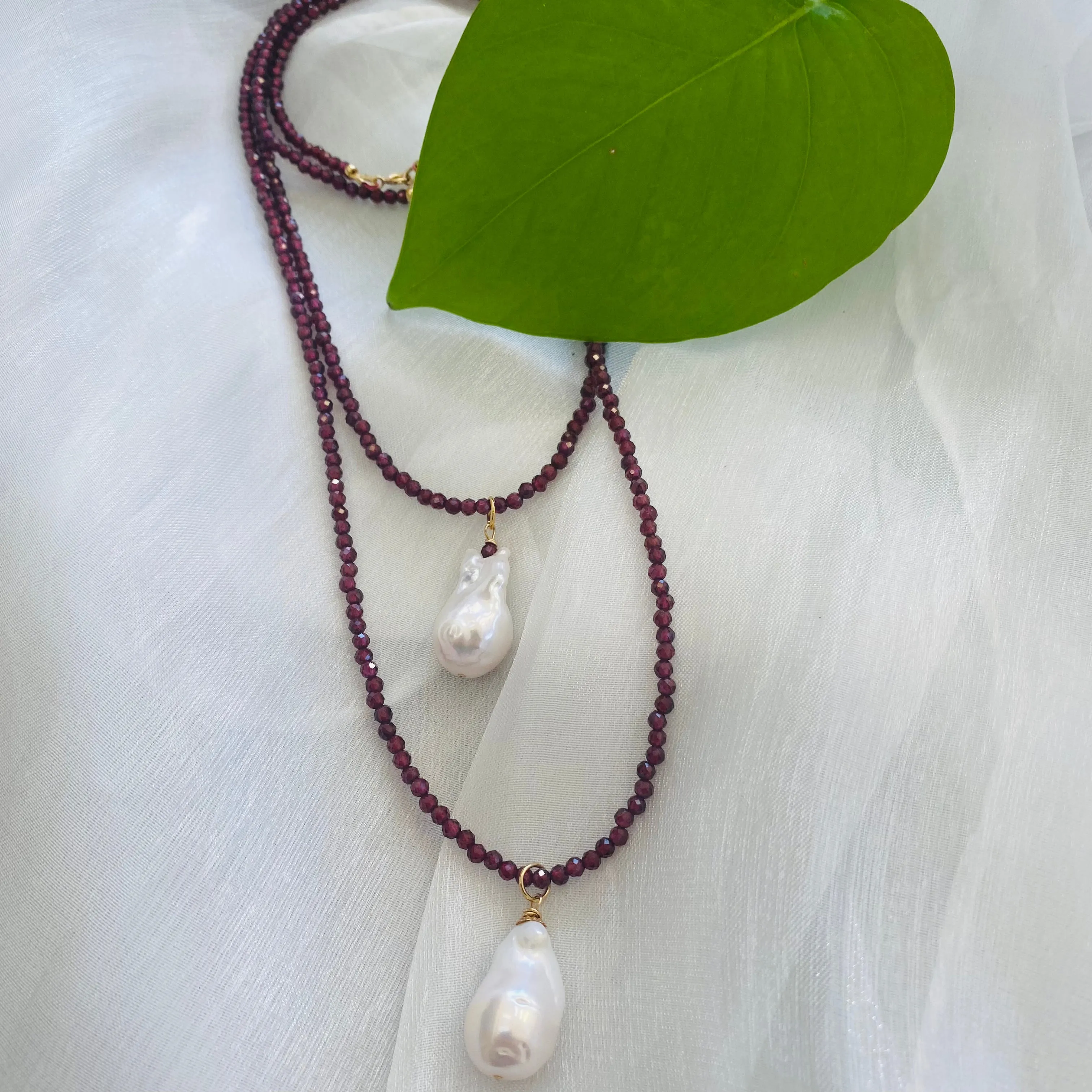 Red Garnet and Baroque Pearl Pendant Necklace, Gold Filled, January Birthstone, in 21.5& 28inches