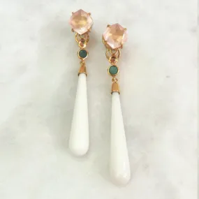 Rose Quartz Stud with Citrine, Emerald & Long White Agate Twinset Earrings