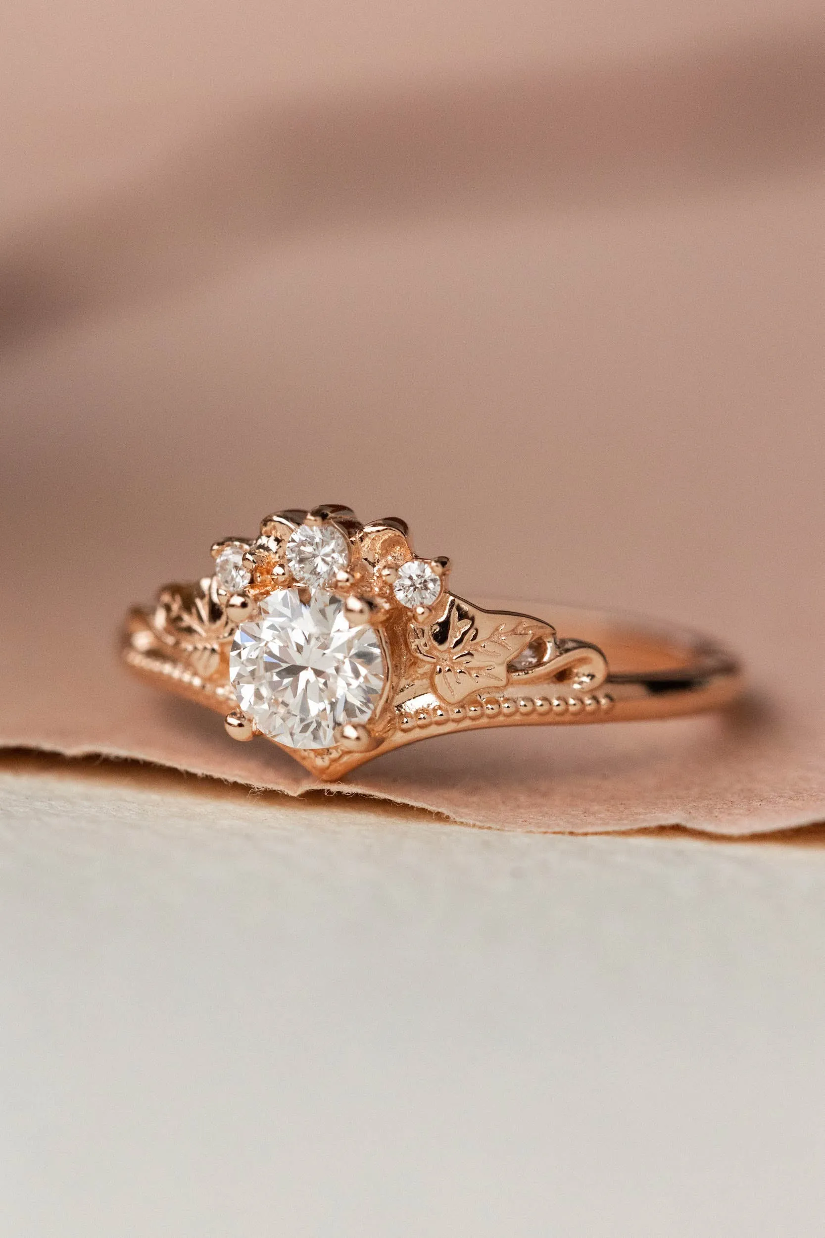 Round lab grown diamond engagement ring, nature inspired proposal ring / Ariadne