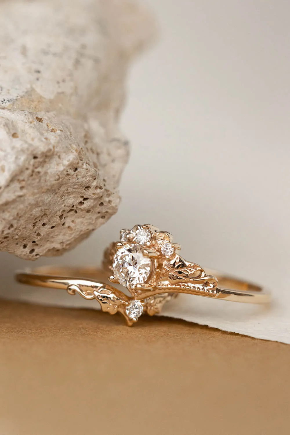 Round lab grown diamond engagement ring, nature inspired proposal ring / Ariadne