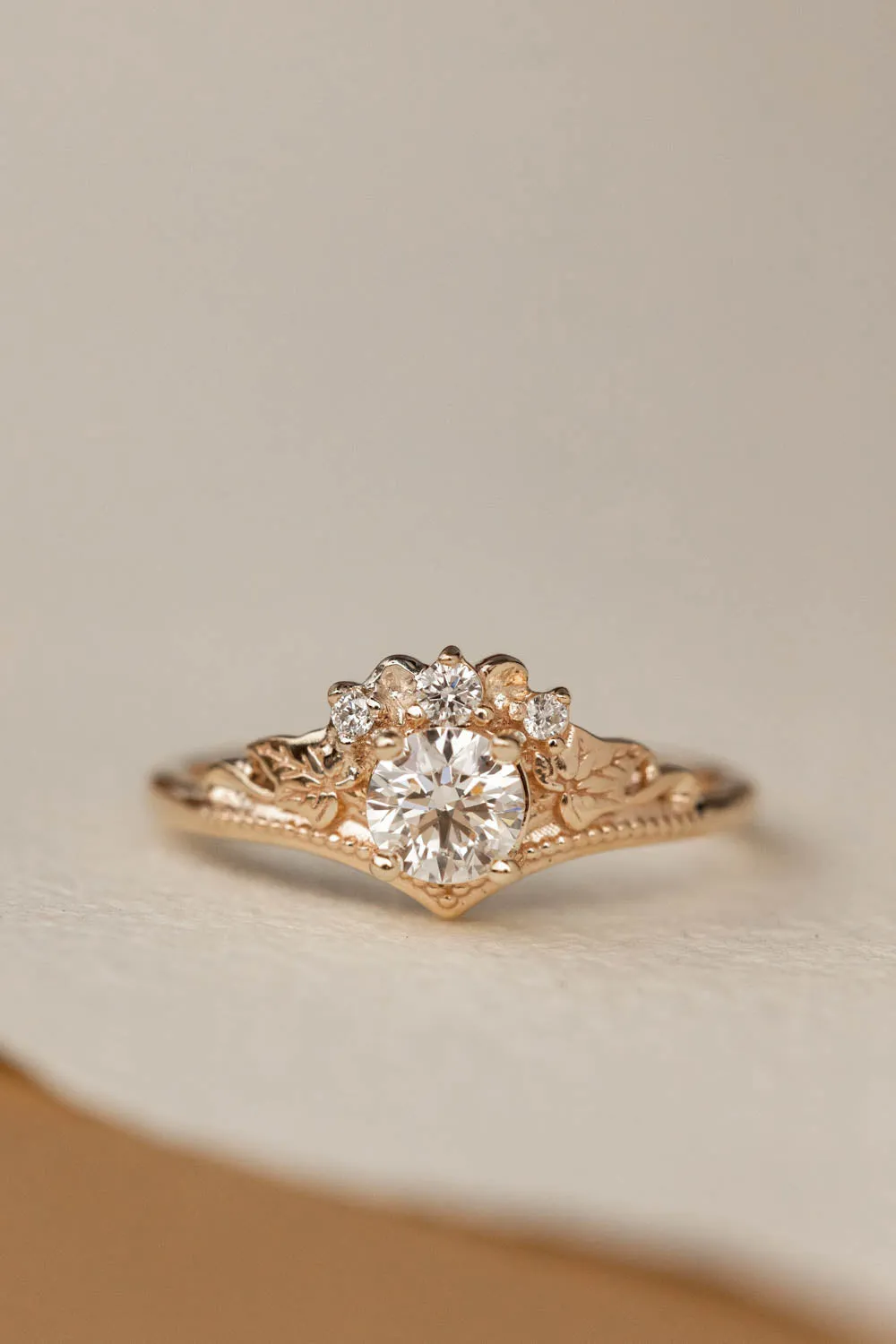 Round lab grown diamond engagement ring, nature inspired proposal ring / Ariadne