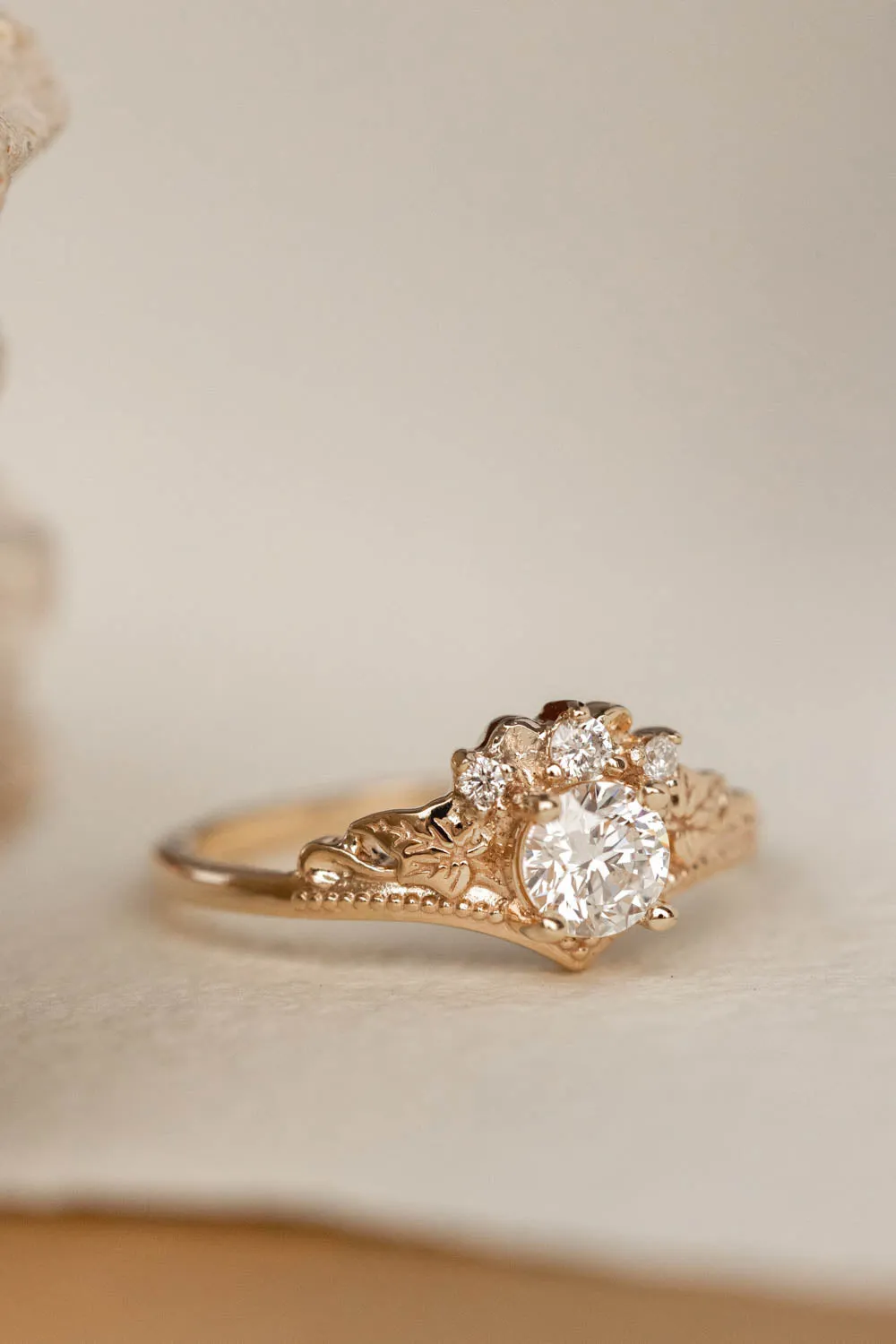 Round lab grown diamond engagement ring, nature inspired proposal ring / Ariadne