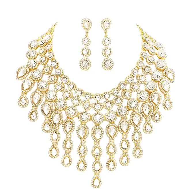 Round Teardrop Stone Cluster Evening Bib Necklace