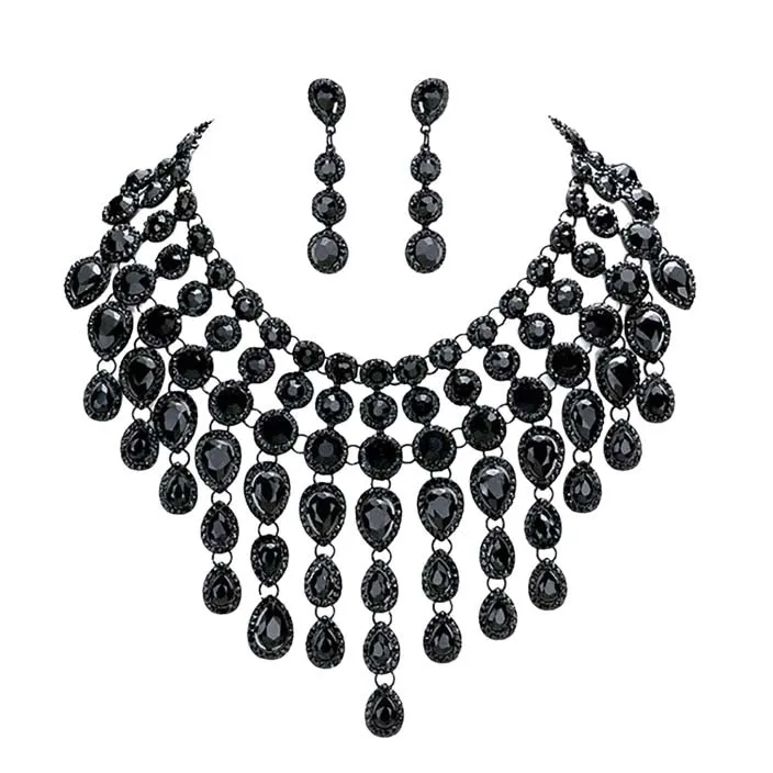 Round Teardrop Stone Cluster Evening Bib Necklace