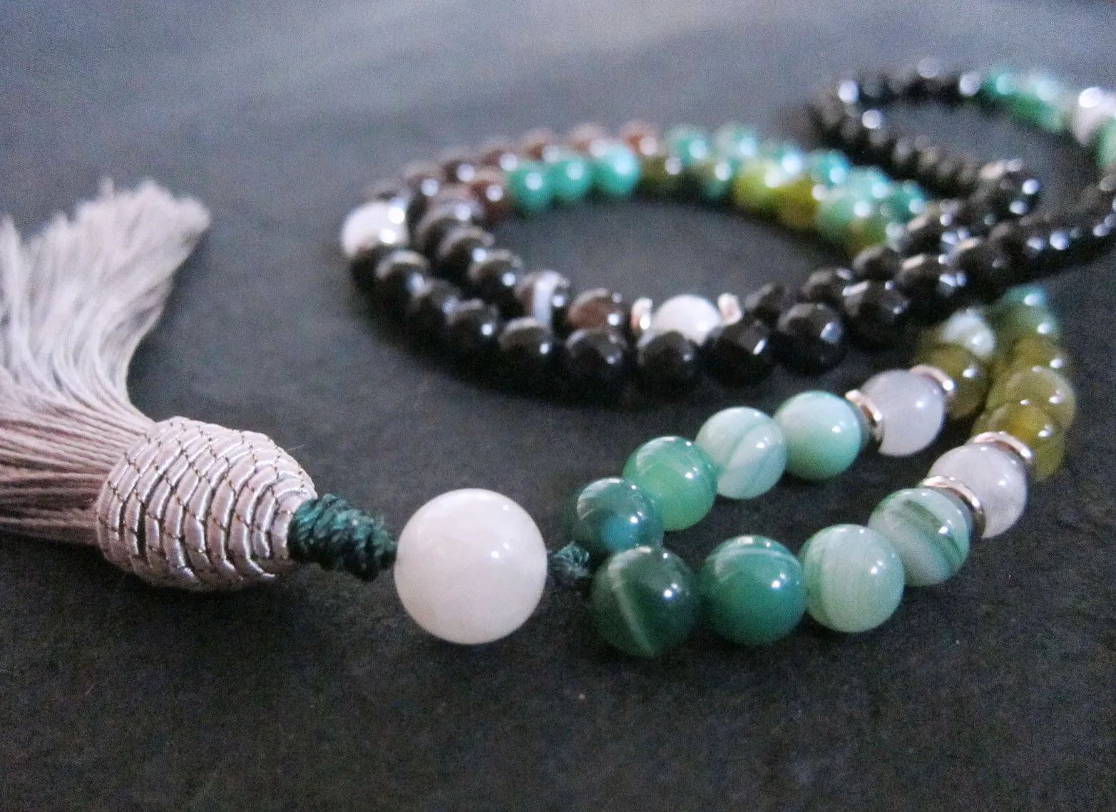 SALE - 108 Beaded Tassel Necklace in Moonstone, Green, Black Agate