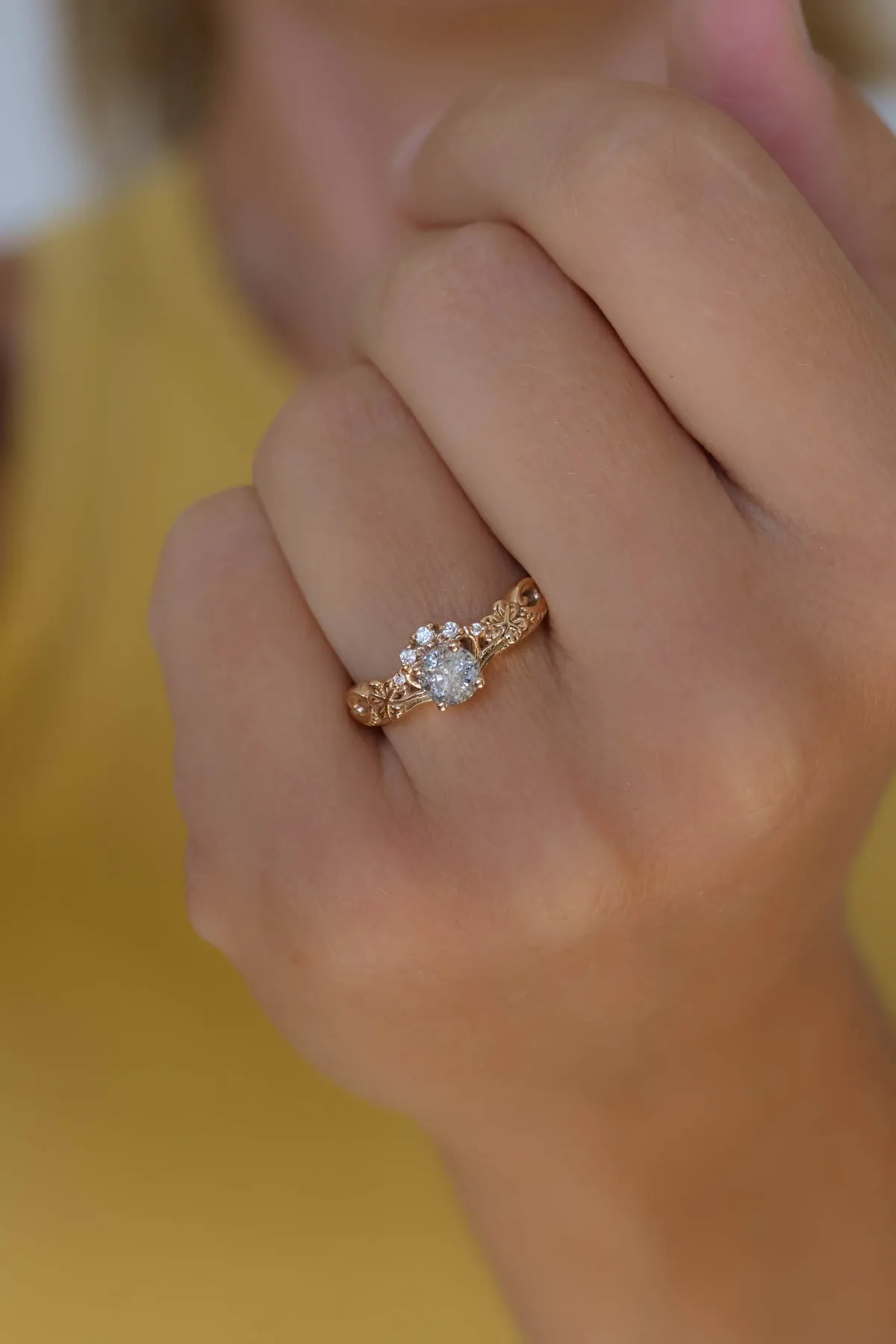 Salt and pepper diamond bridal ring set, gold leaf rings / Horta