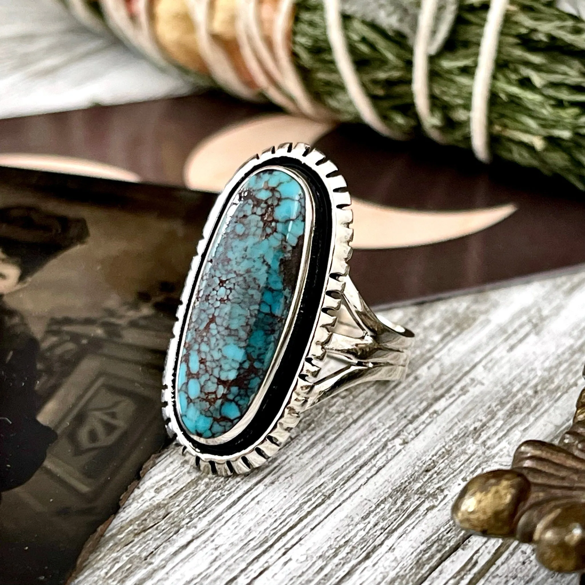 Size 8 Tibetan Turquoise Statement Ring Set in Sterling Silver  / Curated by FOXLARK Collection