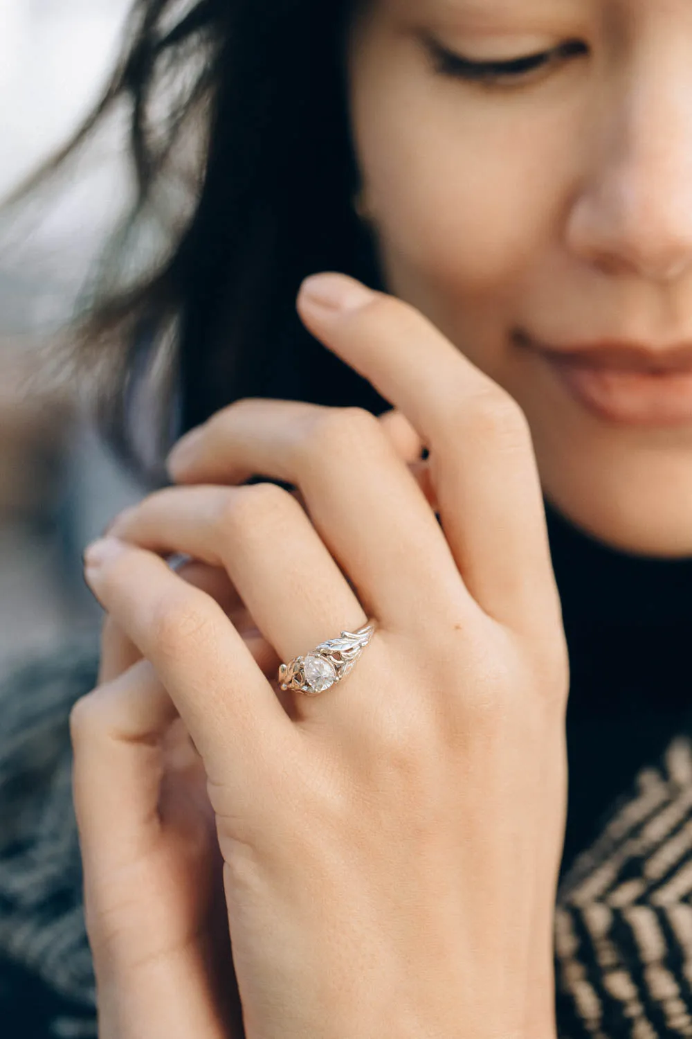 Sparkling moissanite gold engagement ring, pear cut gemstone gold leaf proposal ring / Wisteria