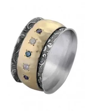 Spinner Ring Jewelry. Sterling Silver and 9kt Gold Ring for woman.  Colored diamonds