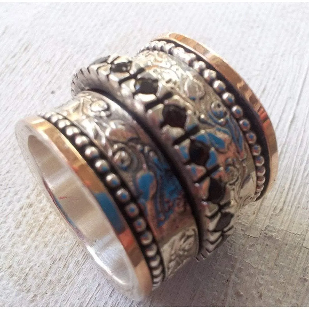 Spinner ring silver solid rose gold floral garnets jewelry Israeli rings Meditation rings