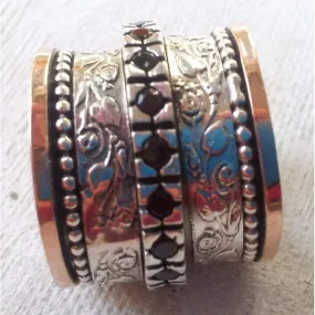 Spinner ring silver solid rose gold floral garnets jewelry Israeli rings Meditation rings