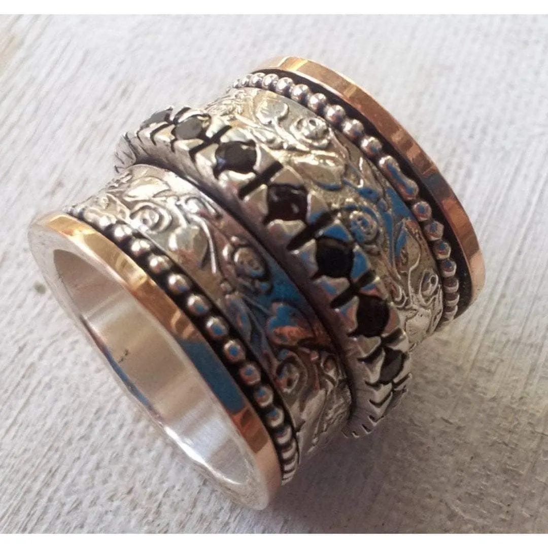 Spinner ring silver solid rose gold floral garnets jewelry Israeli rings Meditation rings