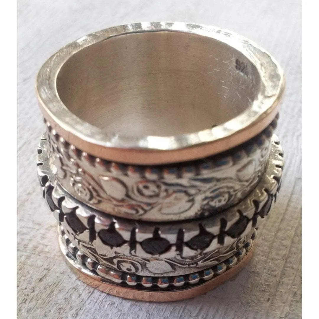 Spinner ring silver solid rose gold floral garnets jewelry Israeli rings Meditation rings