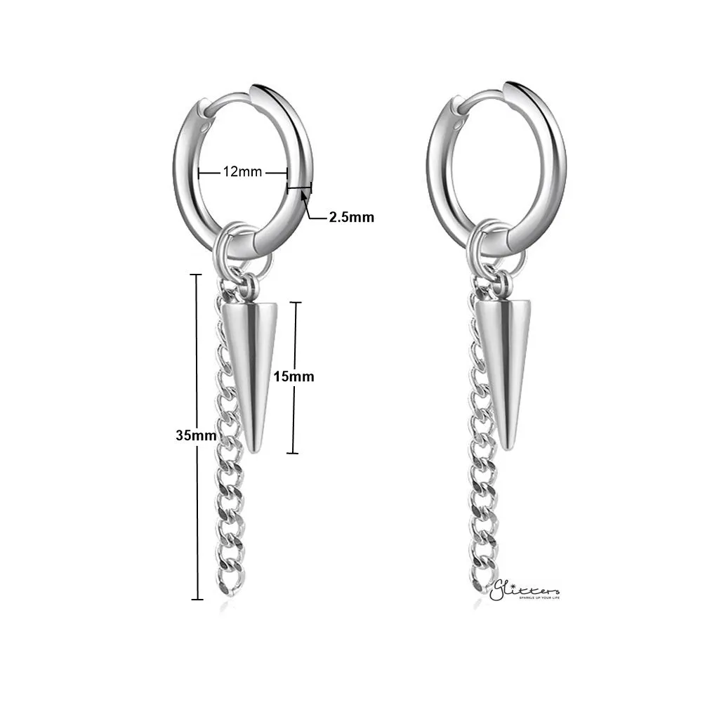 Stainless Steel Drop Spike with Chain Huggie Hoop Earrings - Silver