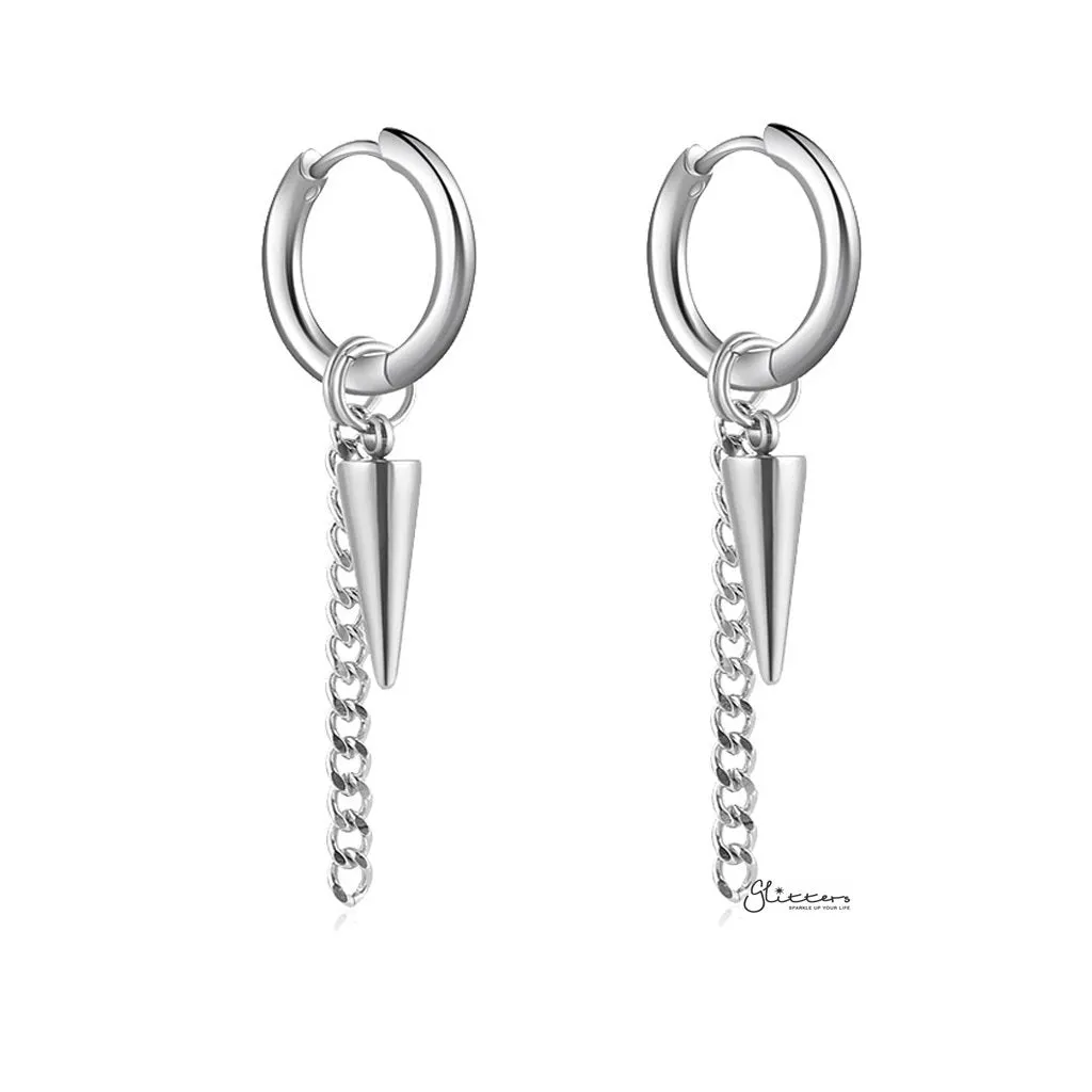 Stainless Steel Drop Spike with Chain Huggie Hoop Earrings - Silver