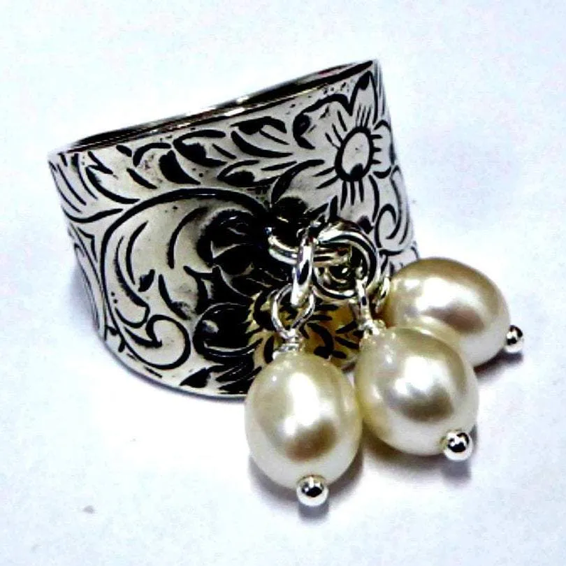 Sterling silver ring, Hippie ring , Pearls dangling ring for woman,  silver ring  for women , chic stylish israeli jewelry