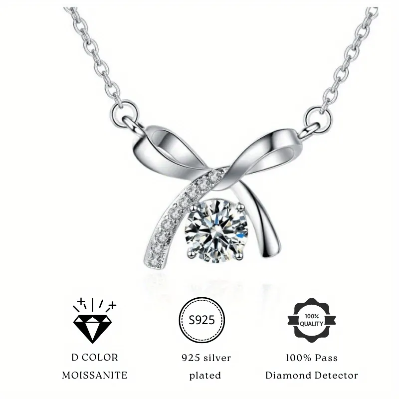 Stunning 0.5 Carat Round D Color VVS Moissanite Necklace - Elegant Bow Design - Silver 925 Plated - Perfect Pendant for Men - Sparkling Stone with Unmatched Brilliance