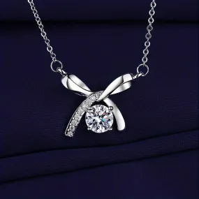 Stunning 0.5 Carat Round D Color VVS Moissanite Necklace - Elegant Bow Design - Silver 925 Plated - Perfect Pendant for Men - Sparkling Stone with Unmatched Brilliance