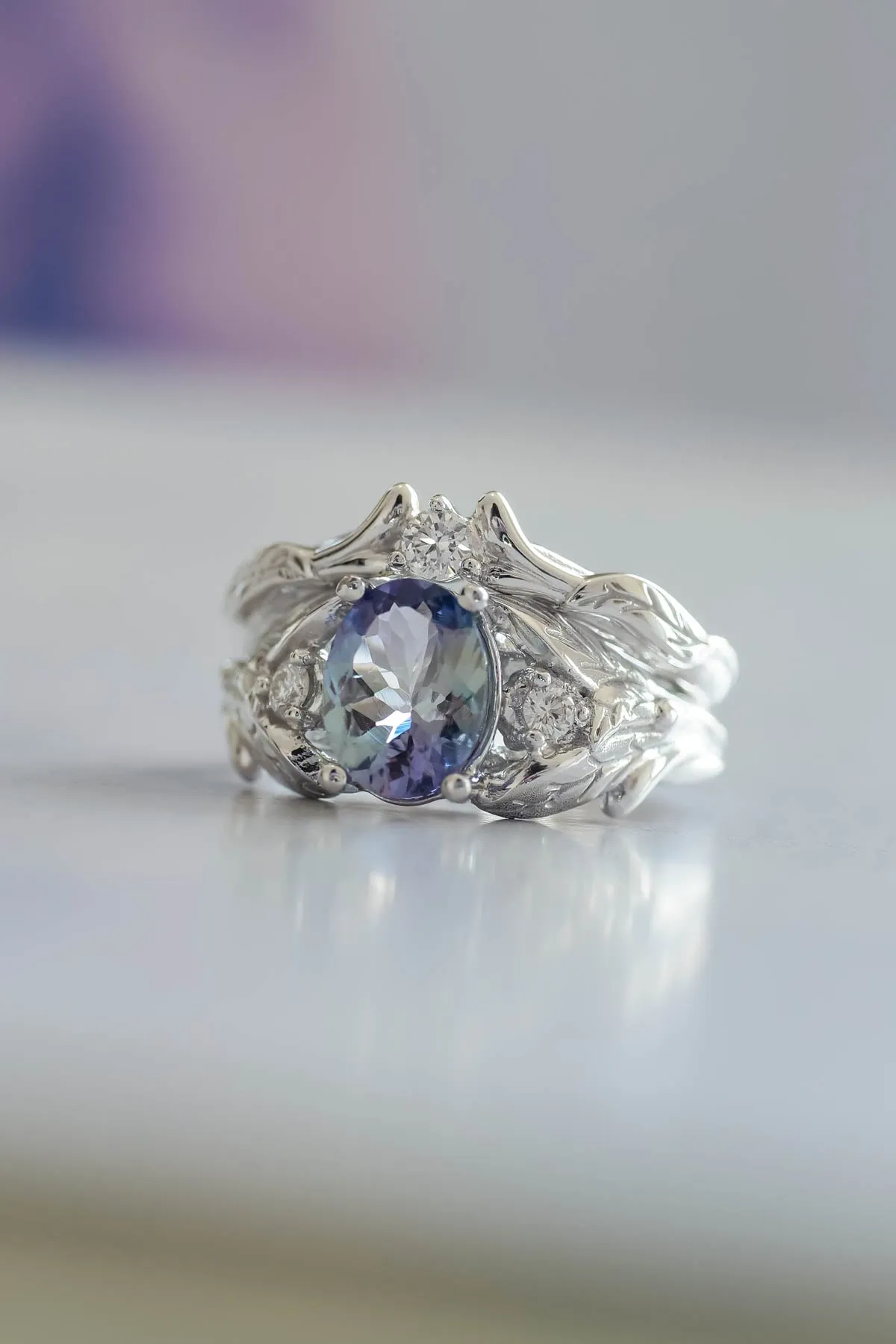 Tanzanite bridal ring set, gold leaf rings with diamonds / Wisteria