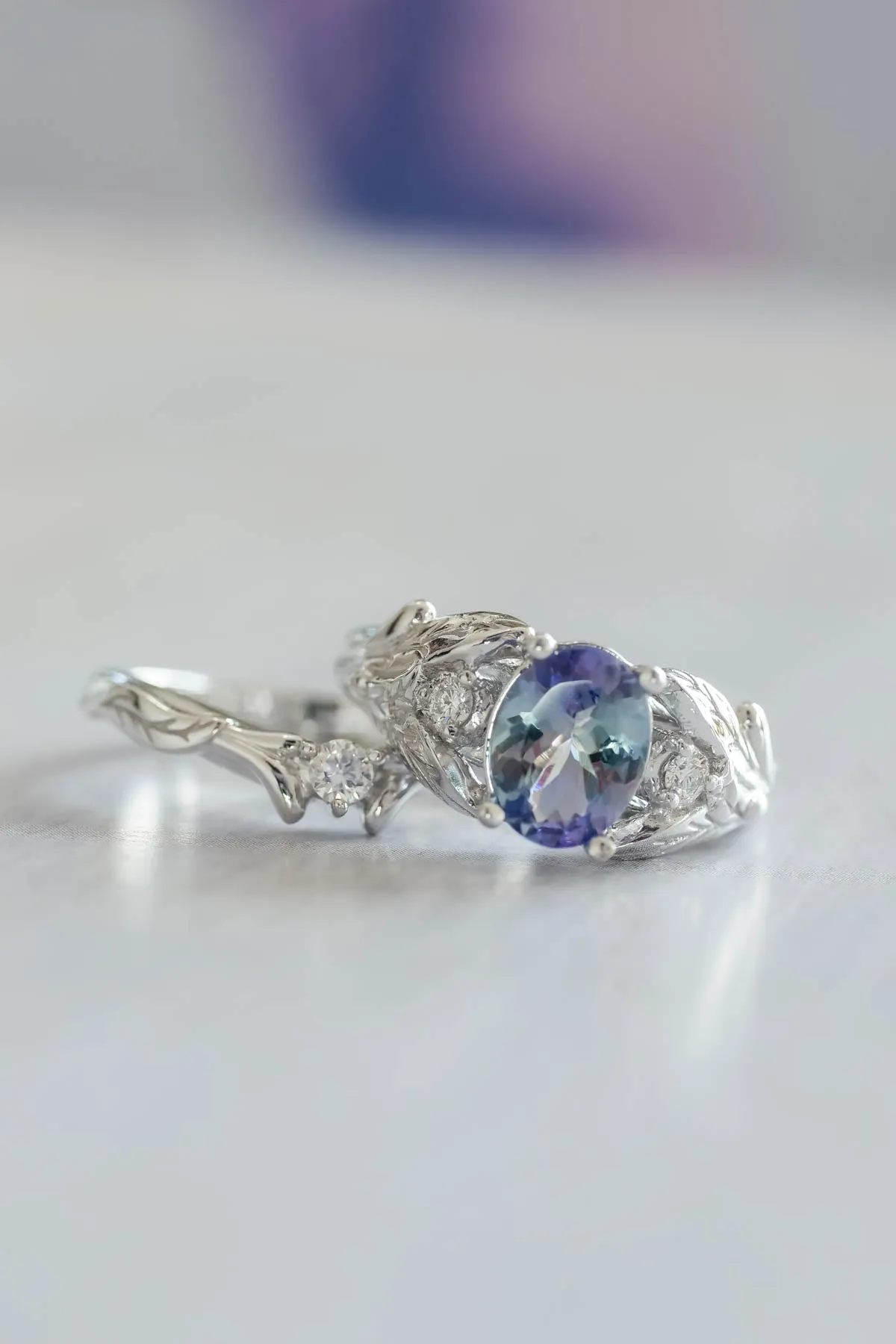 Tanzanite bridal ring set, gold leaf rings with diamonds / Wisteria